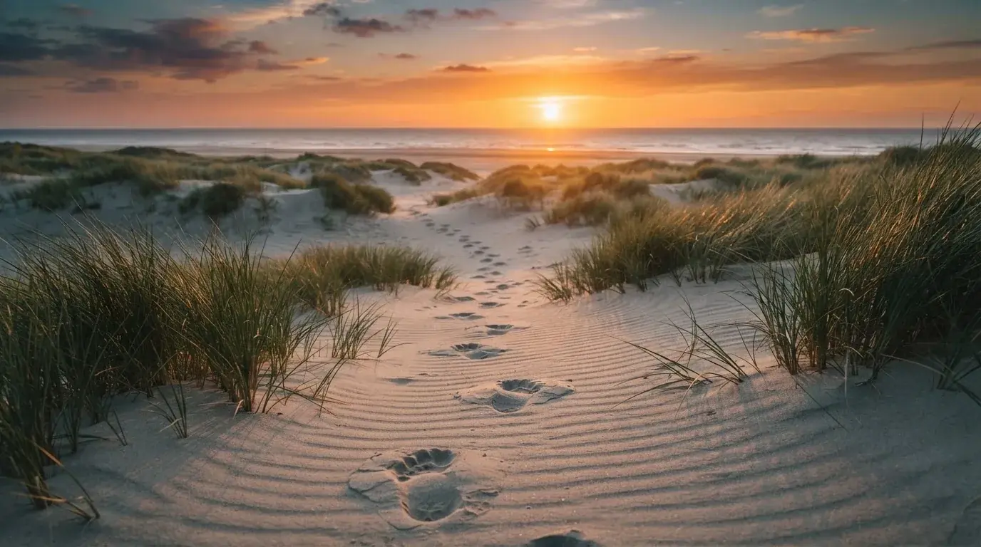 Spuren im Sand führen durch Dünengras auf den Horizont zu, die Sonne steht tief und färbt den Himmel orange.