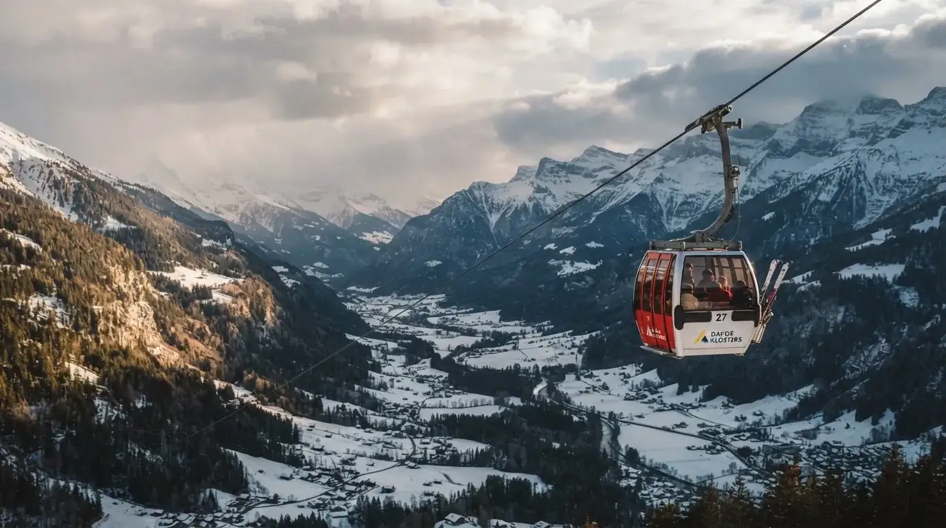 Eine Seilbahnkabine schwebt über einem verschneiten Tal, die Sonne bricht durch die Wolken und beleuchtet die Hänge.