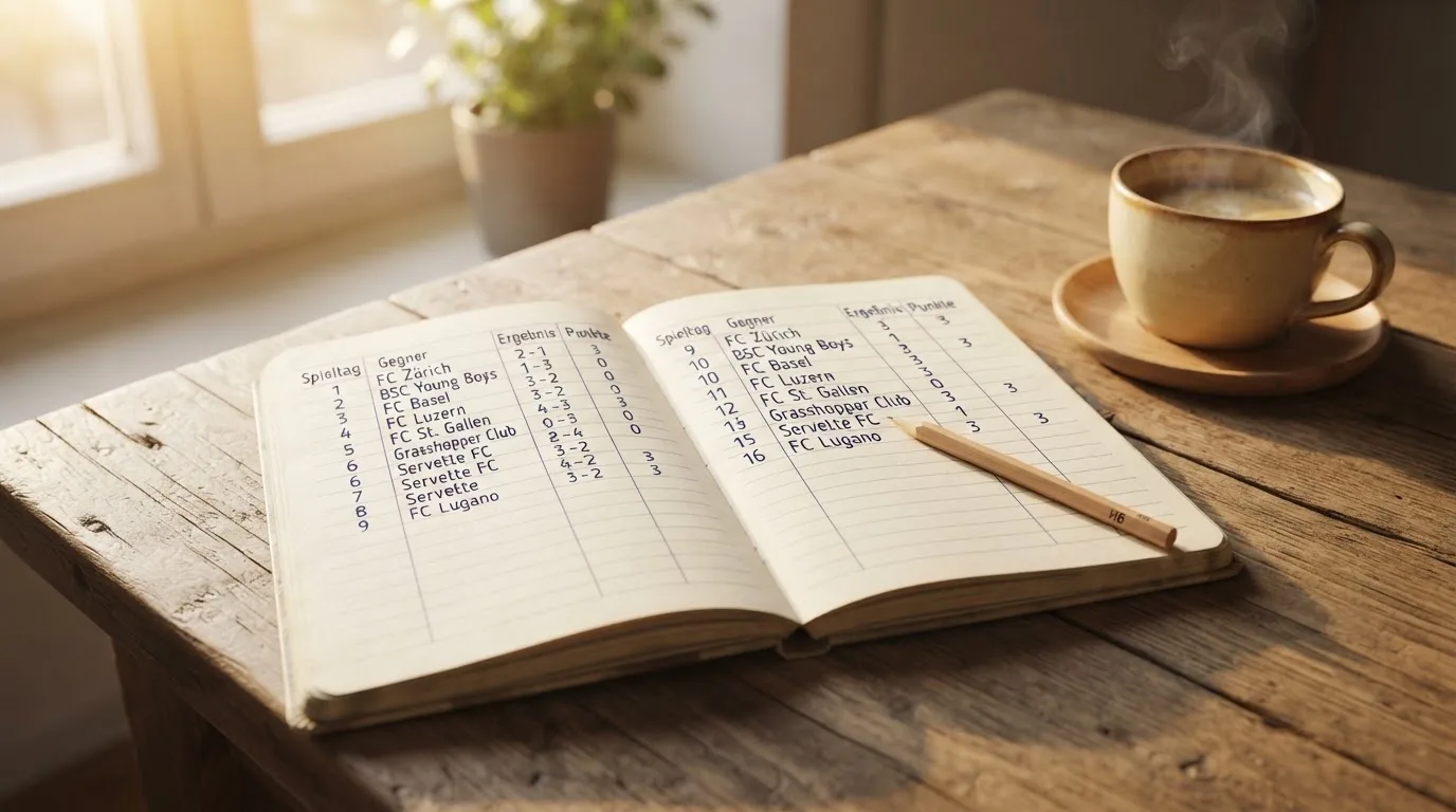 Ein aufgeschlagenes Notizbuch mit handgeschriebenen Spalten und ein Bleistift neben einer Tasse Kaffee auf einem Holztisch am Morgen