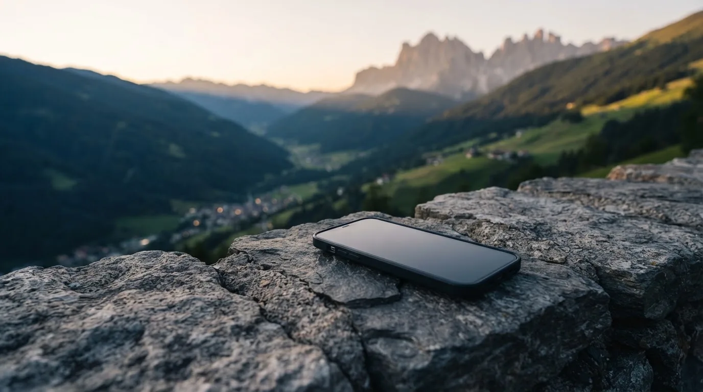 Ein Smartphone mit dunklem Display liegt auf einer Steinmauer, dahinter ein Alpental im Abendlicht