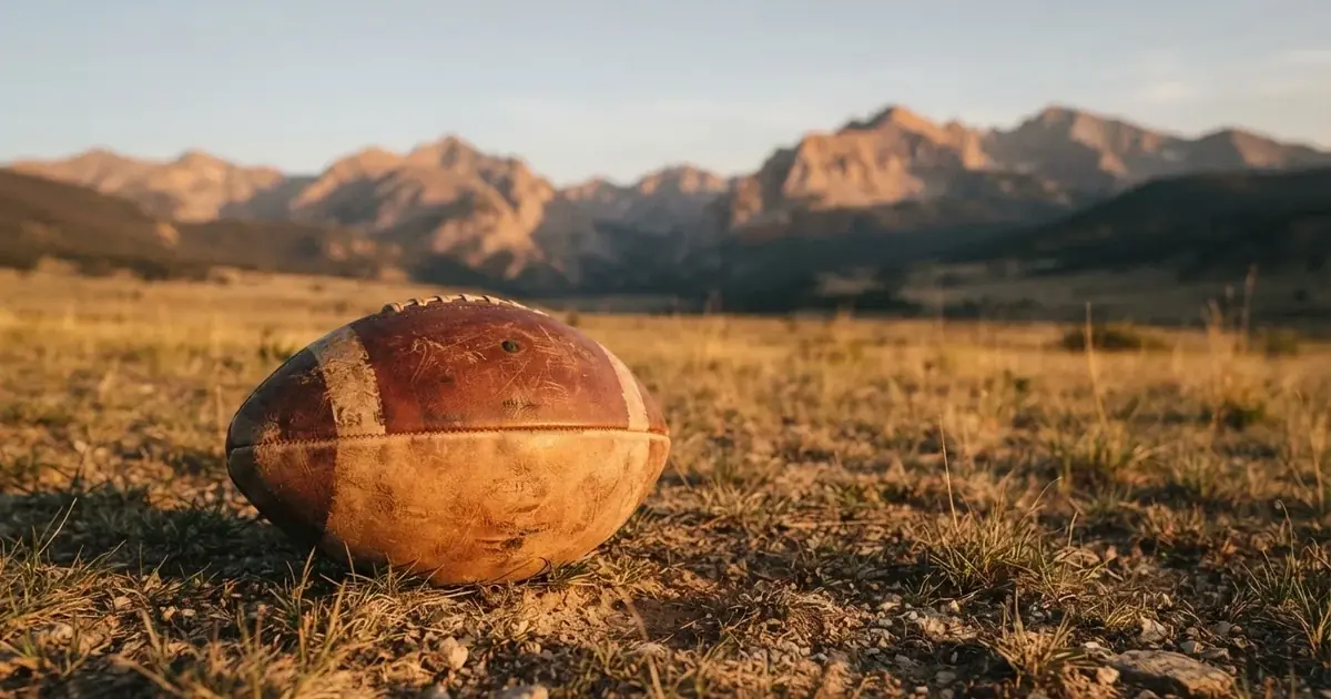 Ein Fussball auf einem staubigen Rasenstück in der Abendsonne, im Hintergrund eine hohe Bergkette