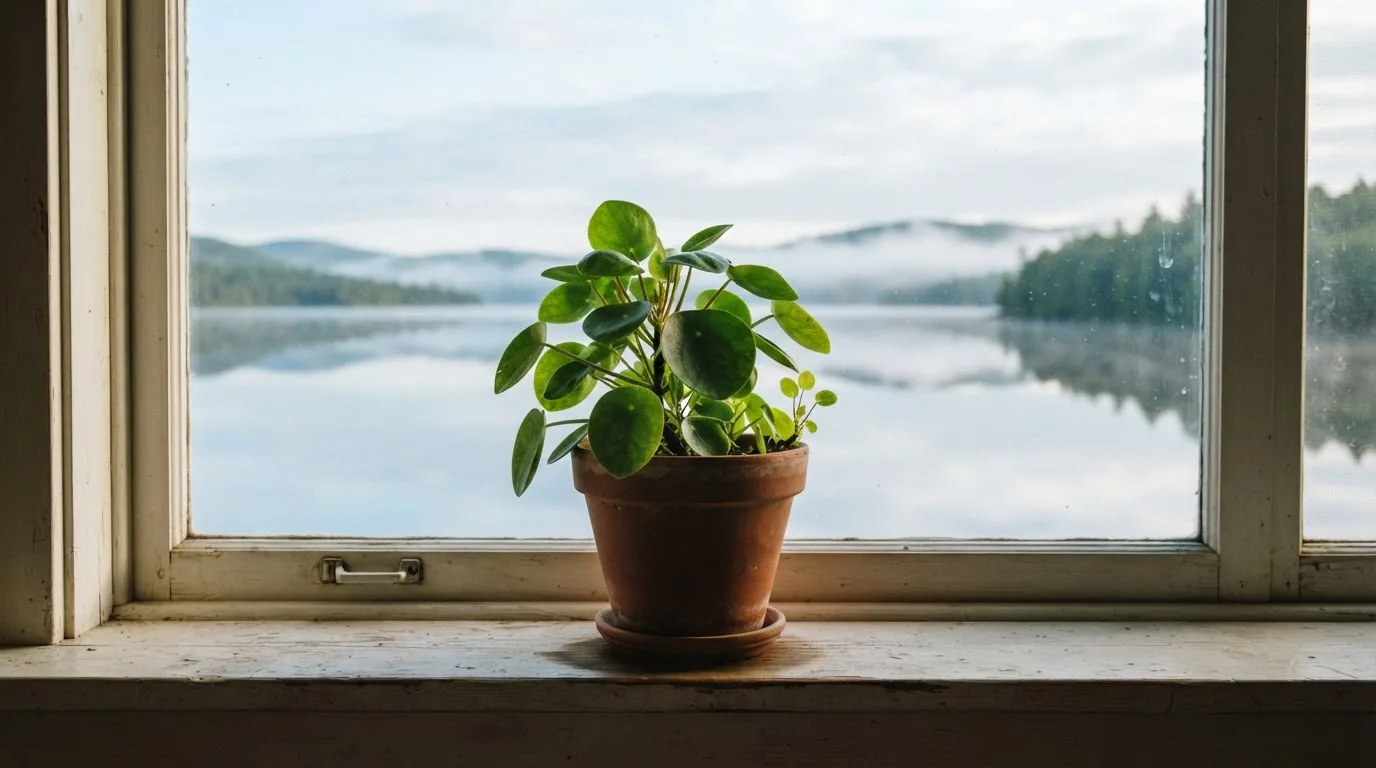 Eine Topfpflanze auf einem Fensterbrett mit weitem Blick über einen stillen See am Morgen