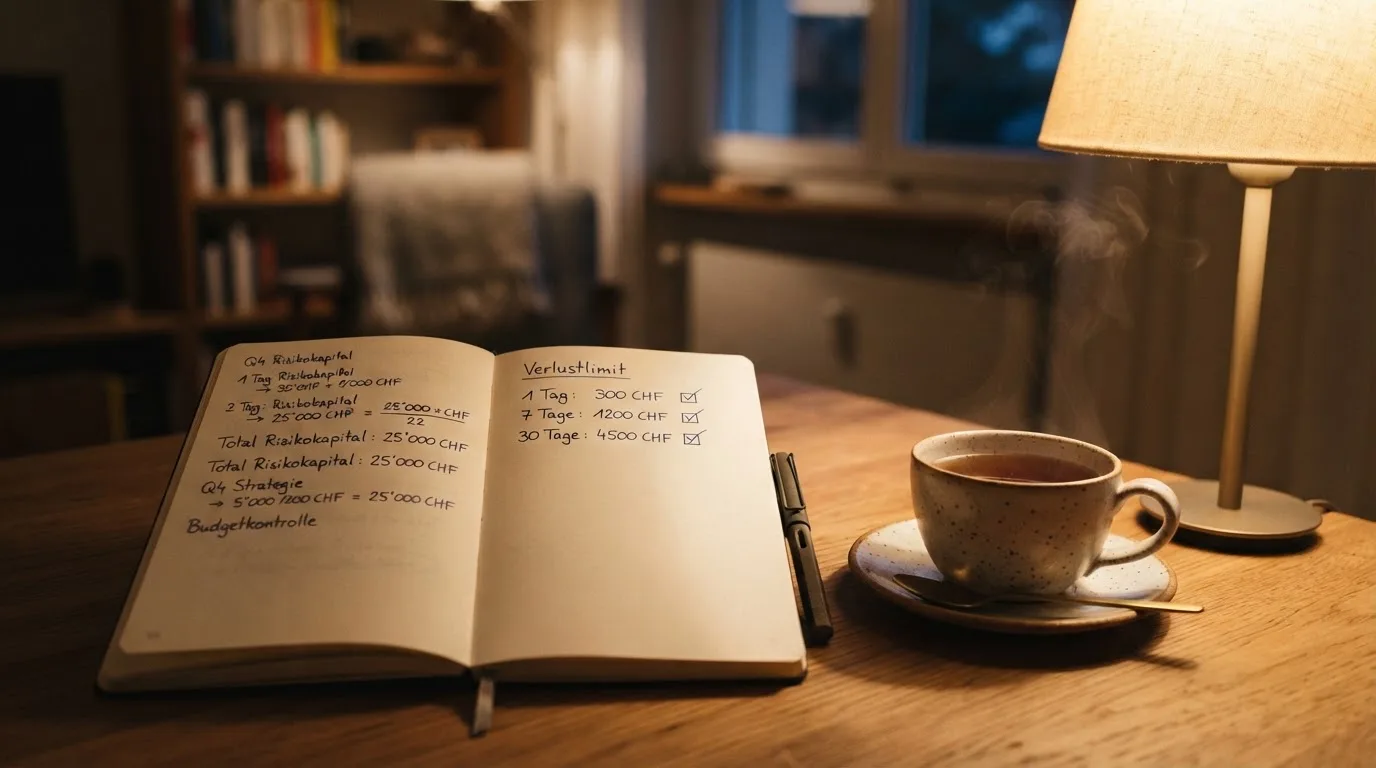 Ein Notizbuch mit handschriftlichen Einträgen und eine Tasse Tee stehen auf einem Tisch neben einer Stehlampe
