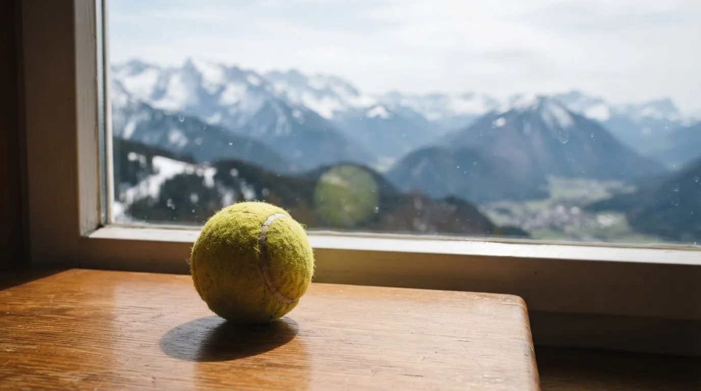 Ein einzelner gelber Tennisball liegt auf einem Holztisch vor einem Fenster mit Alpenblick