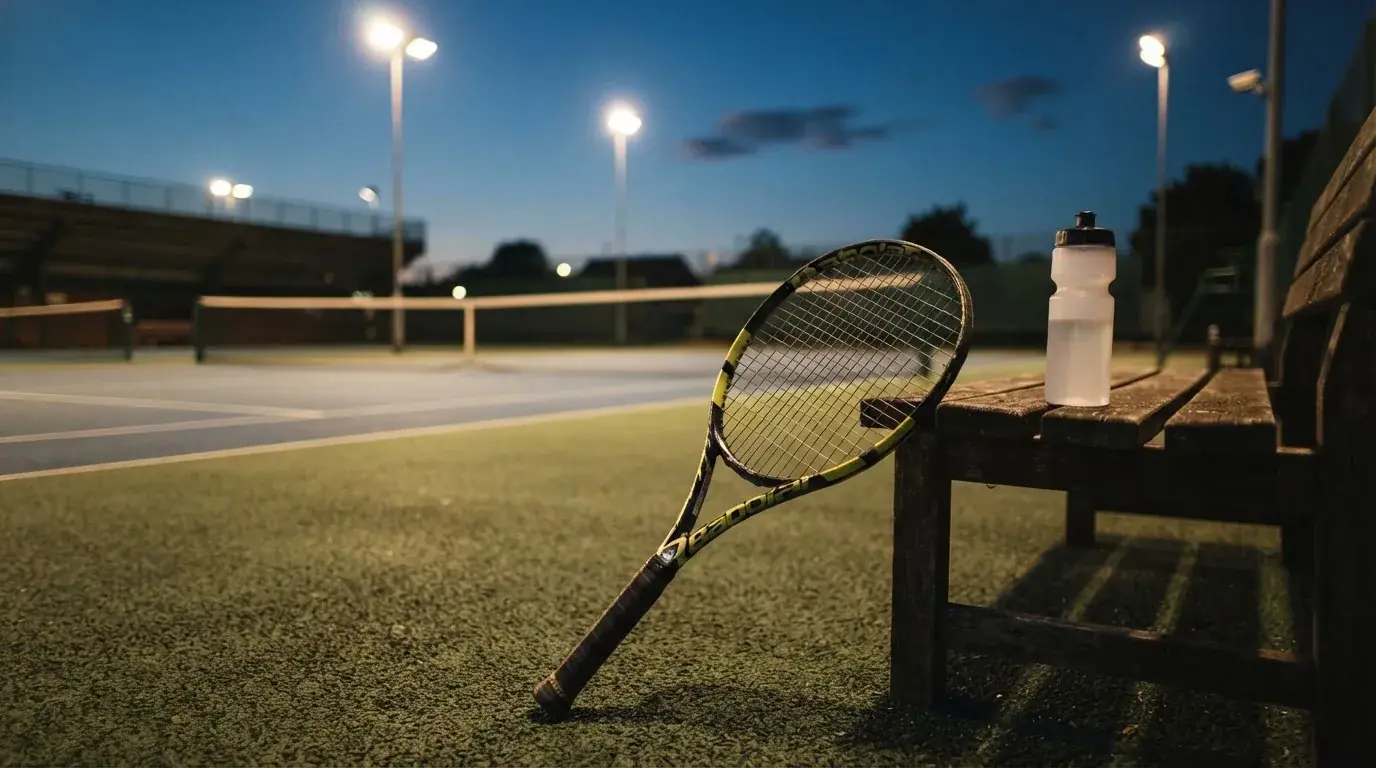 Ein Tennisschläger lehnt an einer Bank neben einer Wasserflasche, am Abend ruht der Platz im Flutlicht, aus der Ferne gesehen