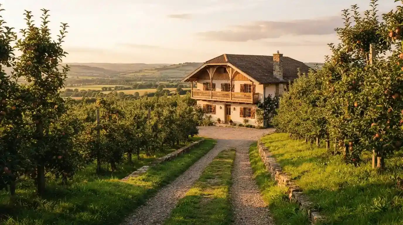 Ein Kiesweg führt durch einen Obstgarten zu einem Bauernhaus mit Holzbalkon, über dem Tal liegt Abendlicht
