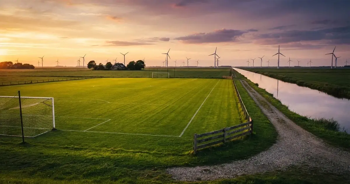 Ein Fussballplatz neben einem Kanal in flachem Land mit Windrädern am Horizont, Abendlicht liegt über dem Rasen