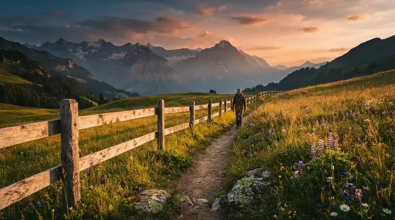 Ein Wanderweg führt durch eine Almwiese im Sonnenuntergang, am Wegrand steht ein Holzzaun