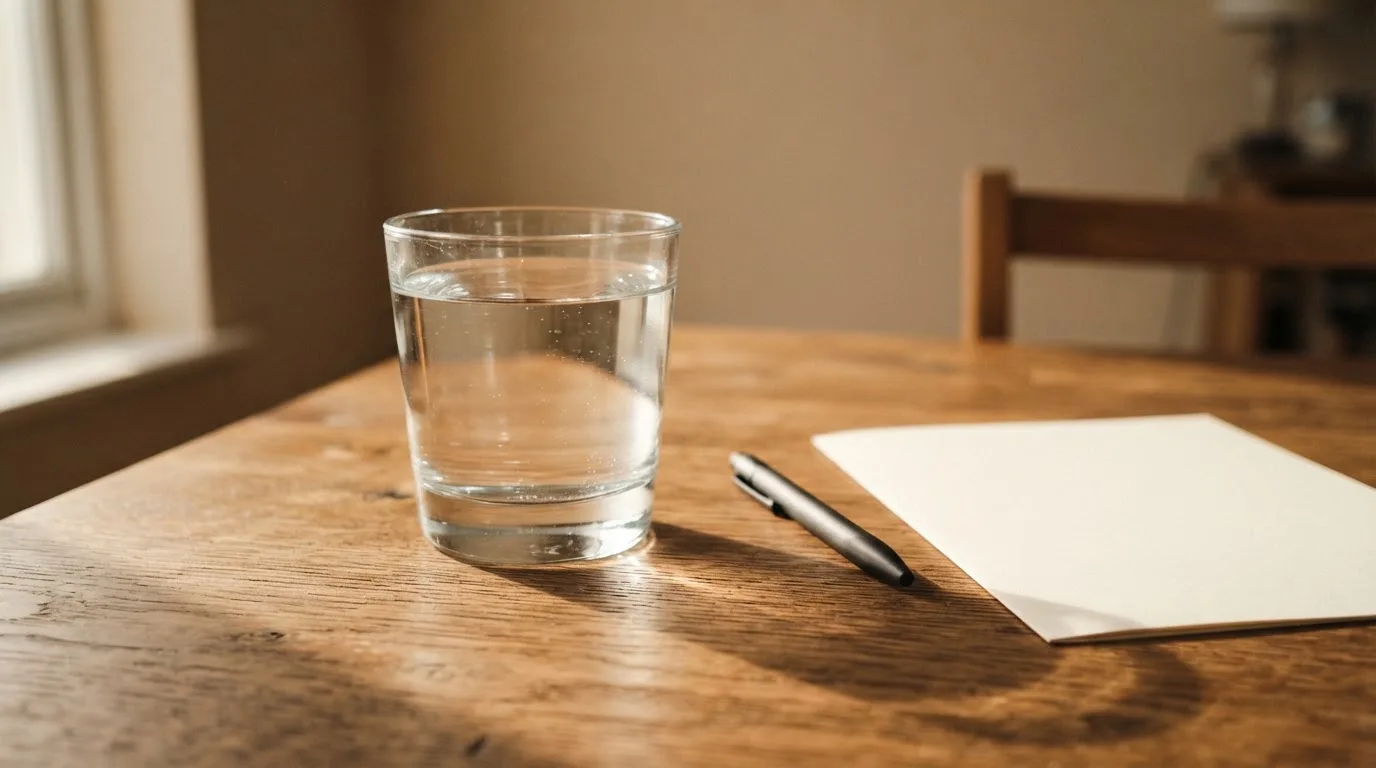 Ein Glas steht bis zum Rand gefüllt auf einem Holztisch, daneben ein Kugelschreiber und ein leeres Blatt Papier im Seitenlicht.