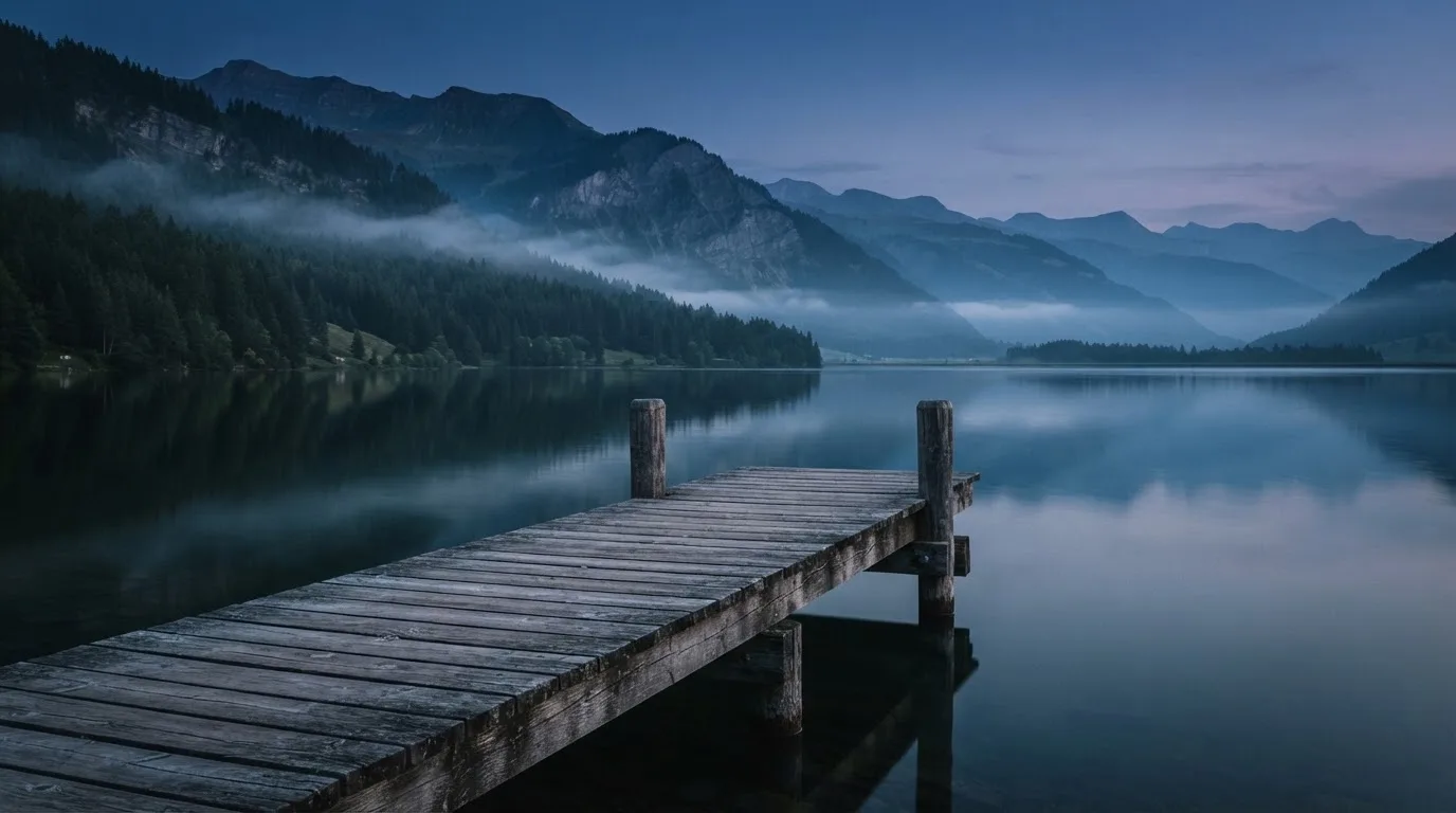 Ein Bergsee in der Dämmerung mit einem leeren Holzsteg, die Wasseroberfläche ist ruhig und Nebel zieht über die Hänge.