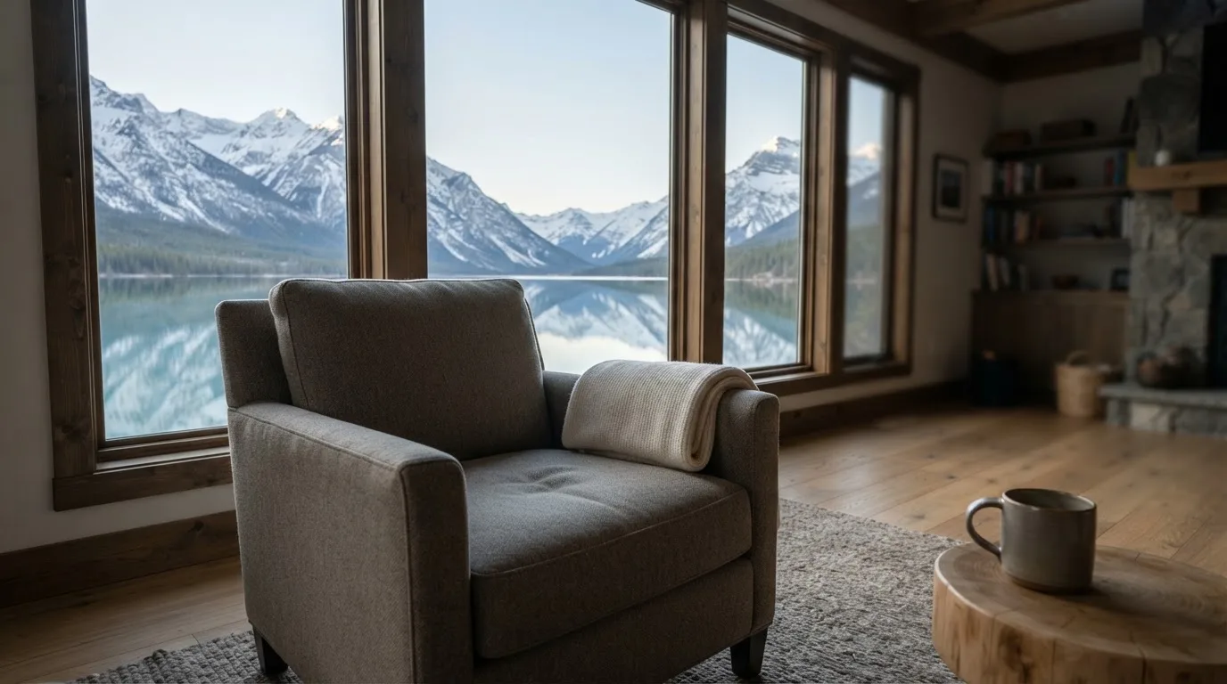 Ein leerer Sessel steht an einem Fenster mit Blick auf einen ruhigen See und schneebedeckte Berge im Morgenlicht.