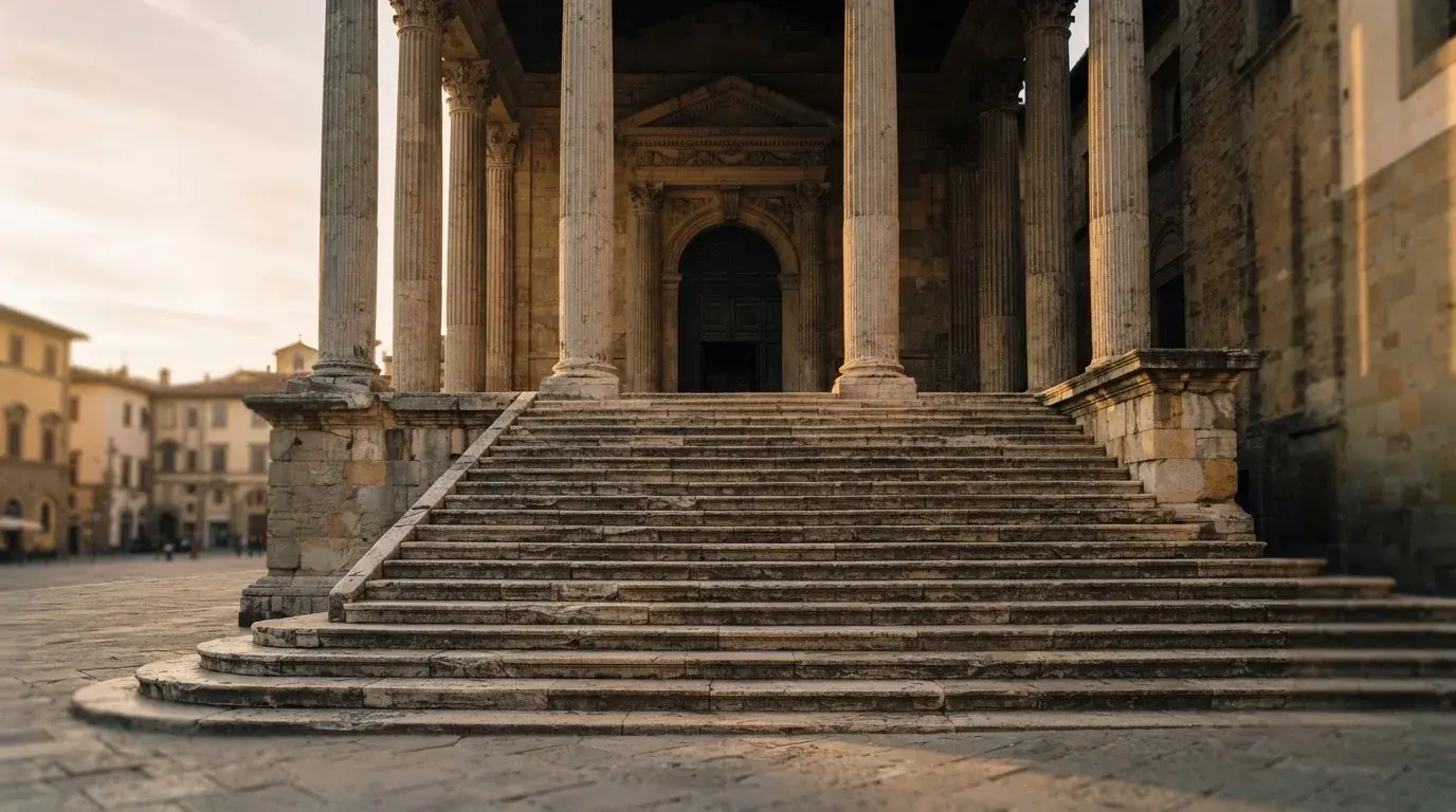 Eine steinerne Treppe führt zu einem Portal mit Säulen im Morgenlicht, der Platz davor ist leer.