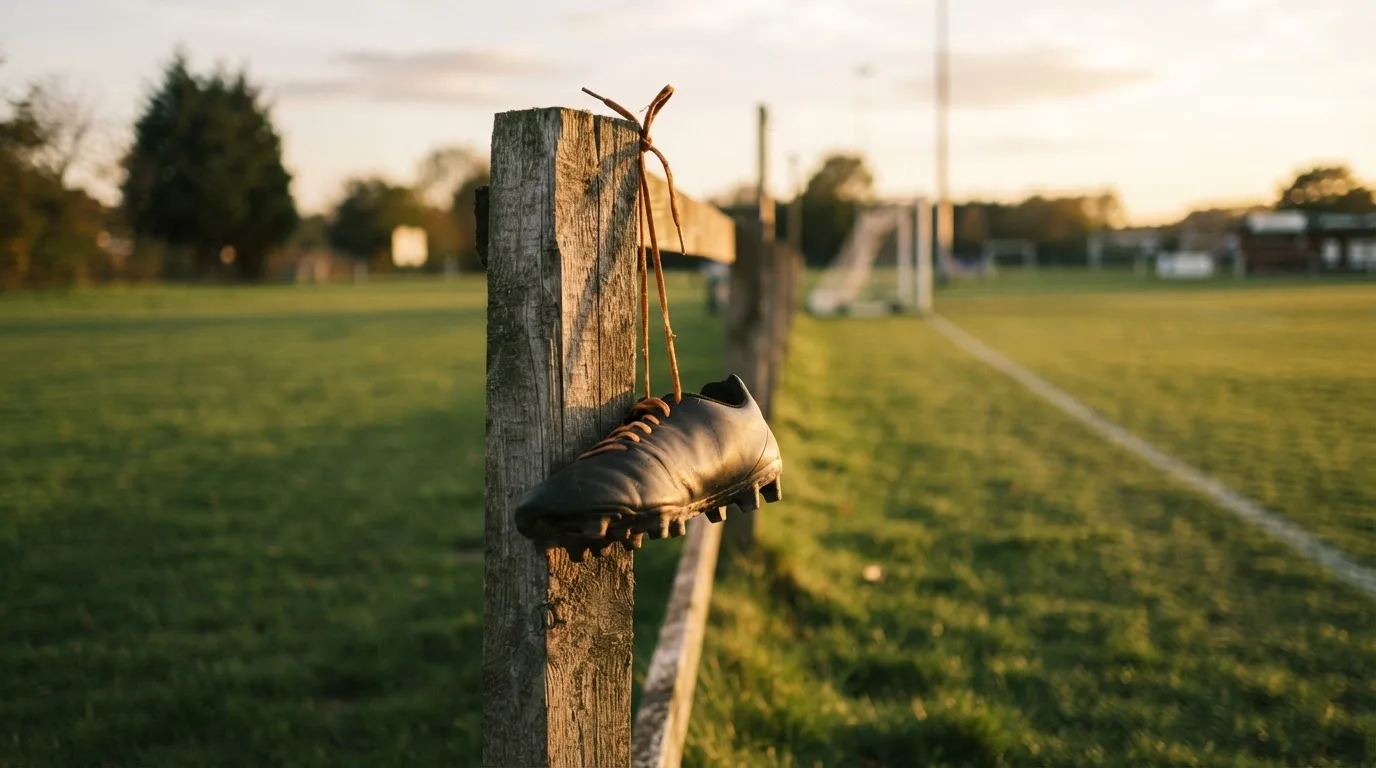 Ein Fussballschuh hängt an den Schnürsenkeln an einem Zaunpfosten neben einem Trainingsplatz im Abendlicht.